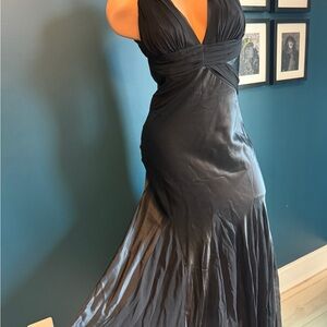 Elegant Black Satin and Chiffon Evening Gown with Train